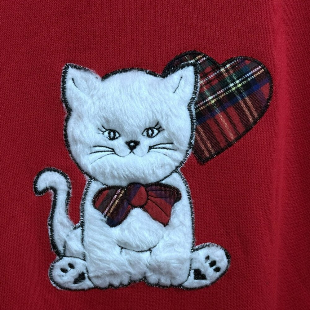 Vtg Y2K Red Sweatshirt Dress Brushed Fun Fur Cat Long Sleeve Crew Neck Plaid  L